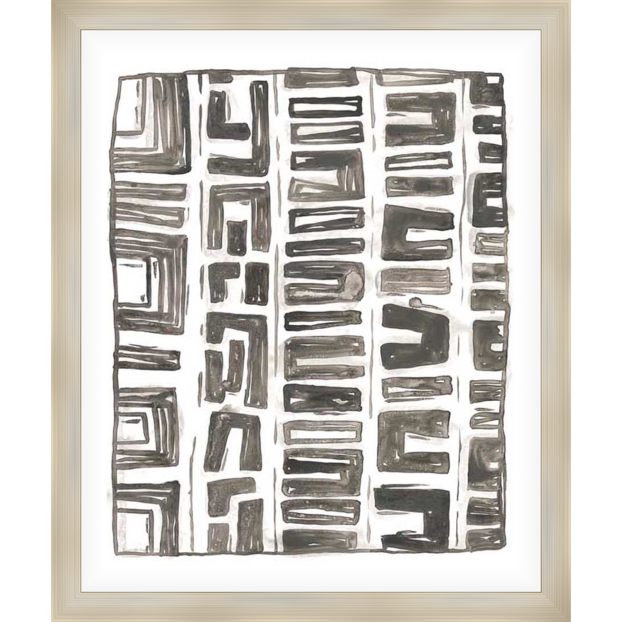 This abstract artwork features a unique geometric pattern, resembling ancient script or a stylized cityscape. The contrasting shades of gray and white create a sophisticated and artistic aesthetic, perfect for adding a touch of modern elegance to any space.