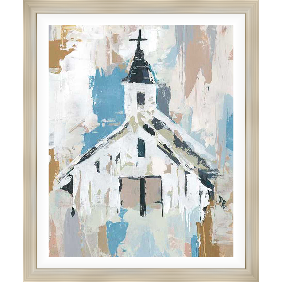 This striking artwork depicts a white church, painted with bold brushstrokes and an impressionistic style. The painting captures the essence of a simple rural church, accented by the cross atop the steeple. It adds a touch of serenity and a rustic charm to any space.