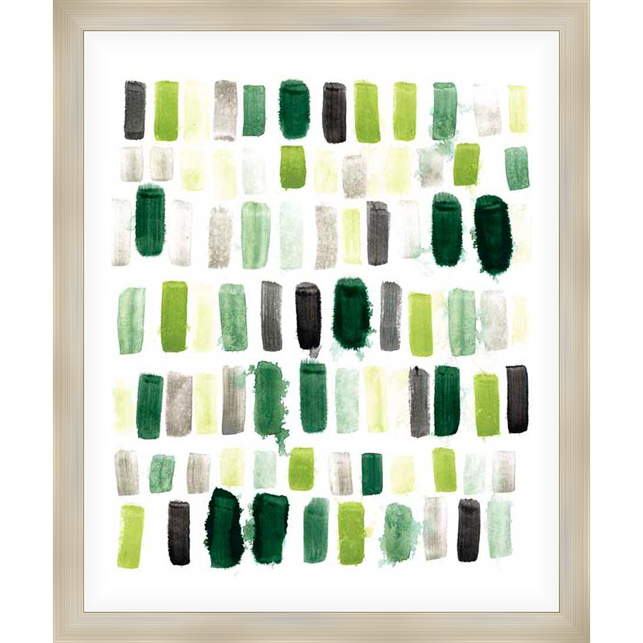 A modern abstract piece, this artwork features a grid of brushstroke-style rectangles in various shades of green, grey, and black against a white background. The composition evokes a sense of movement and texture.