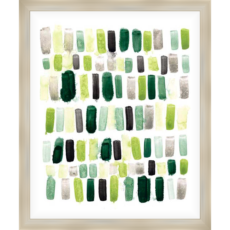This abstract artwork features a pattern of layered brushstrokes in various shades of green, grey, and black against a white background. The piece evokes a sense of rhythm and texture.
