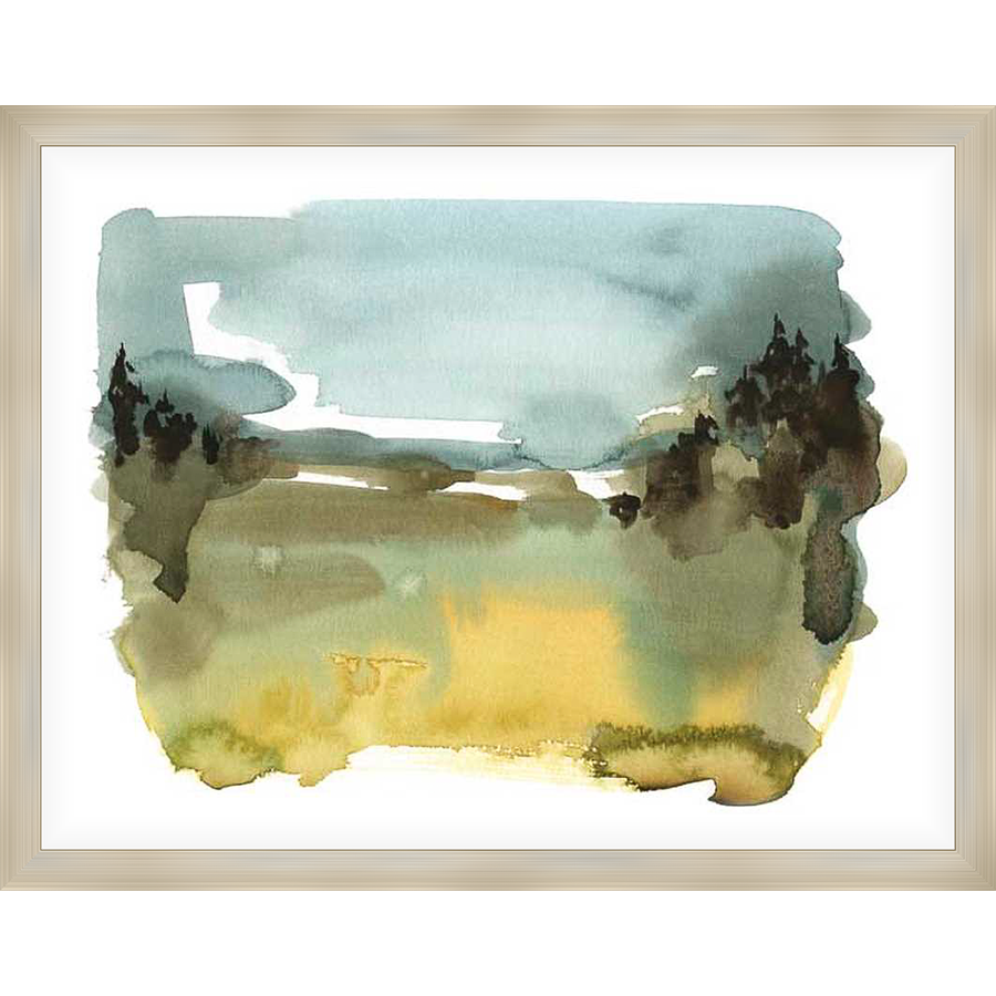 A serene watercolor landscape painting captures the essence of nature. This artwork evokes tranquility with its soft hues and abstract representation of a natural scene. Perfect for adding a touch of serenity to any space.