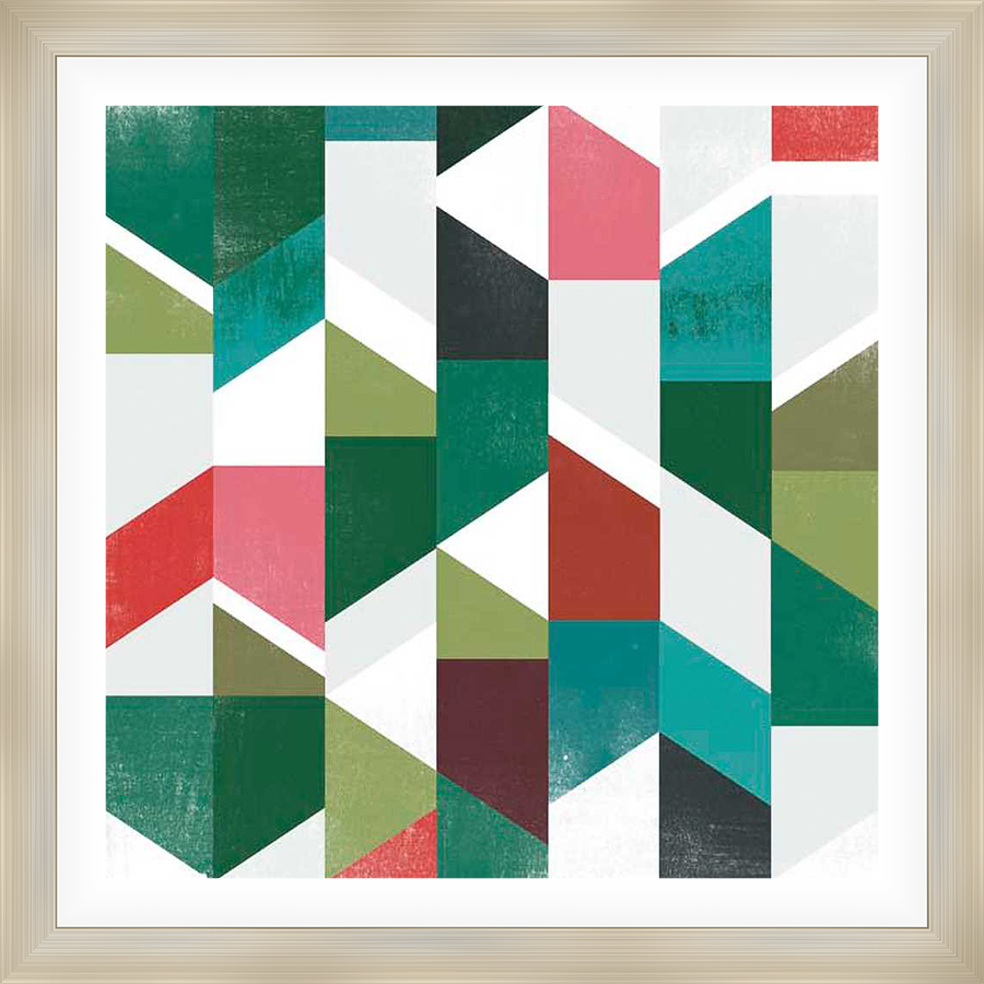 This geometric artwork features a vibrant interplay of shapes and colors, creating a dynamic visual experience. The composition utilizes abstract forms and contrasting hues to offer a modern aesthetic for any living space.