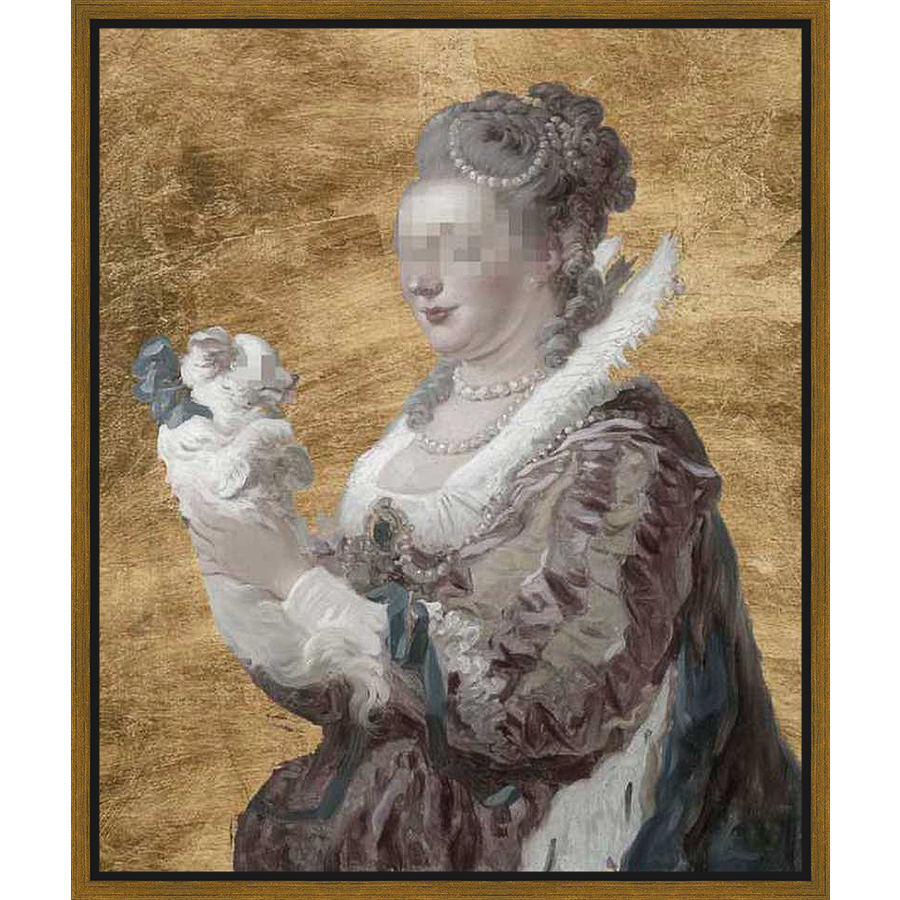A regal figure, reminiscent of a bygone era, is depicted holding a small, fluffy companion. The artwork showcases the elegance of classic portraiture, with intricate details in the subject's attire and a rich, textured backdrop. This piece captures a moment of refined grace.