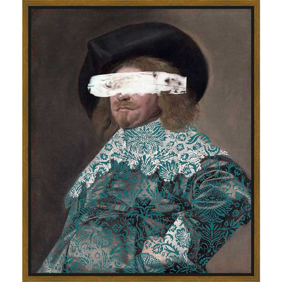 This captivating artwork reimagines a classical portrait with a contemporary twist, blending traditional oil painting techniques with a modern aesthetic. The piece features a person with a white streak covering the eyes, contrasted against the detailed pattern of their attire. It's a striking statement piece for any interior.