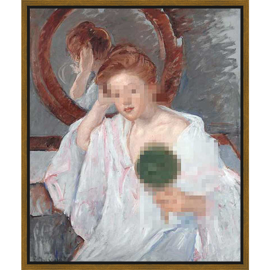 A timeless painting captures a woman at her toilette, reflected in a circular mirror. Rendered in soft, impressionistic strokes, the artwork evokes a sense of intimacy and introspection.