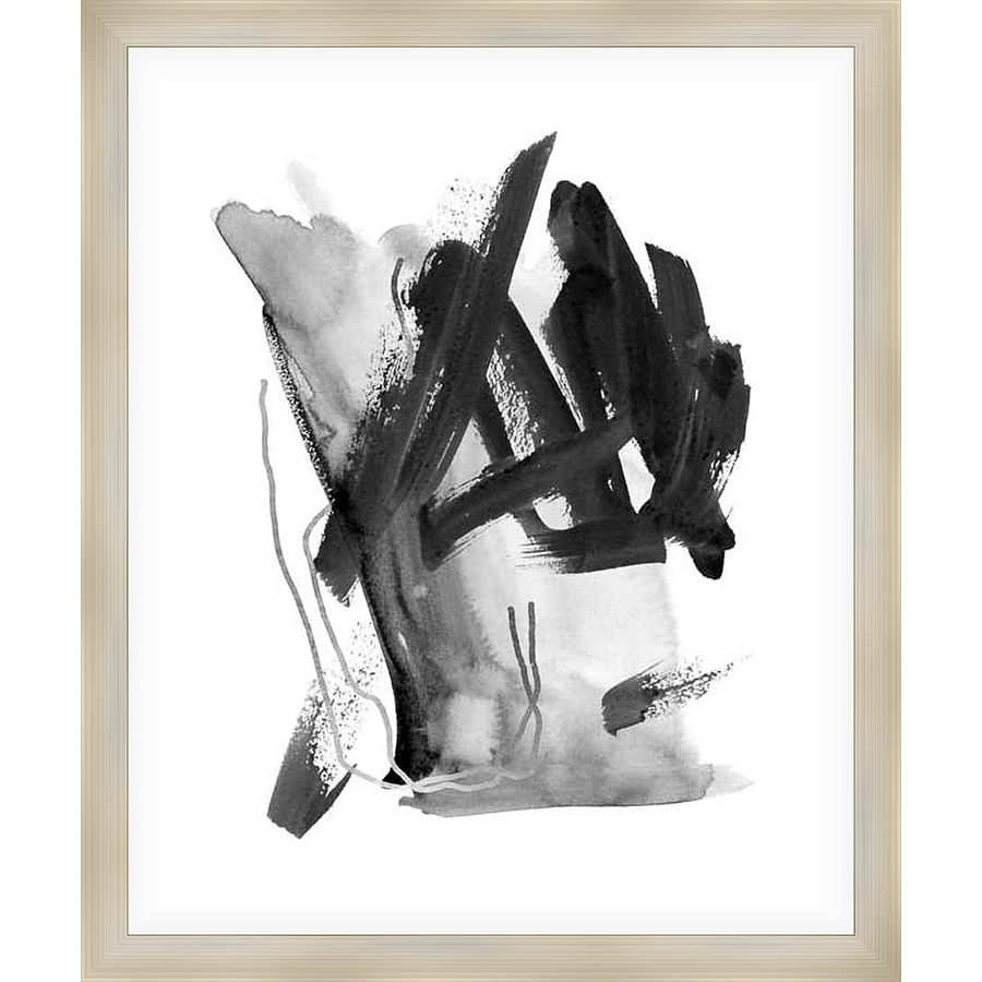 This abstract artwork features bold brushstrokes and a dynamic composition. The piece utilizes a monochrome palette with varying shades to create depth and visual interest. The artwork evokes a sense of movement and emotion.