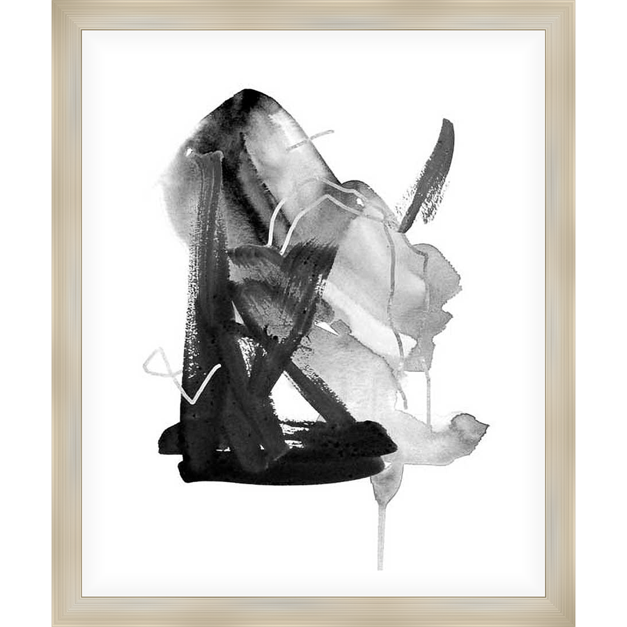 This abstract artwork showcases bold brushstrokes of black and gray against a stark white background. The dynamic composition and expressive marks create a captivating visual experience.