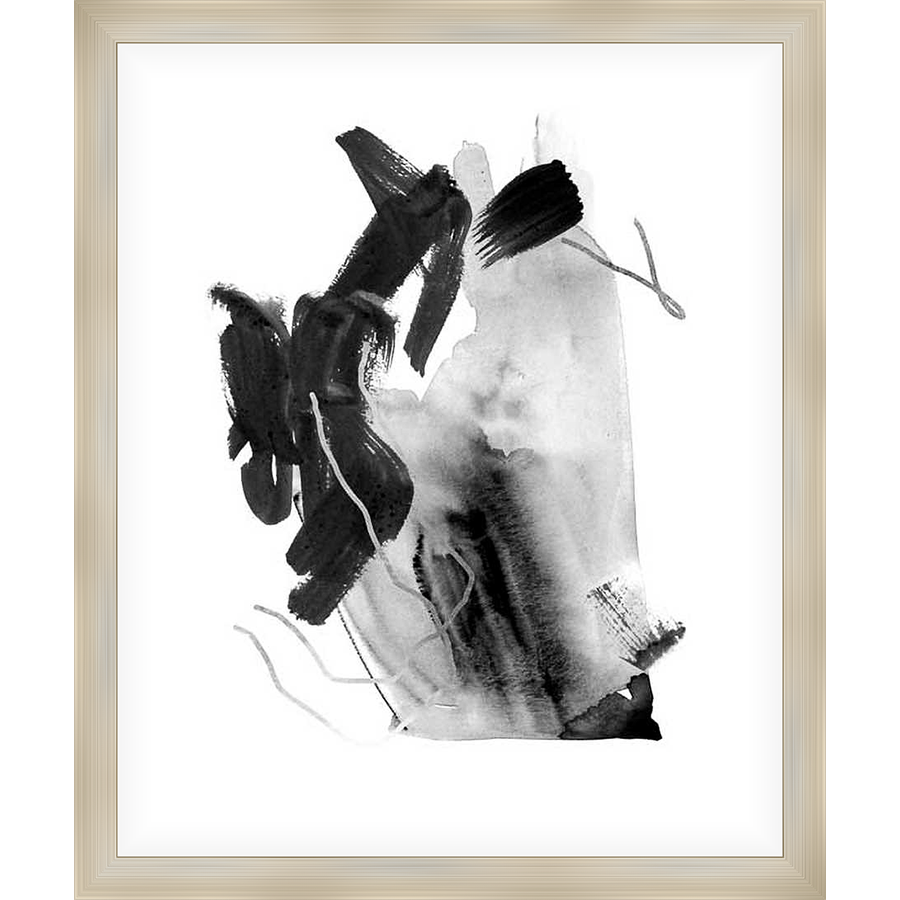 A striking modern abstract artwork, this piece features bold black brushstrokes and watercolor washes that create a dynamic and expressive composition. The contrast between the dark, defined shapes and the lighter, more ethereal washes generates a captivating visual experience. It is perfect to add an artistic touch to any room.