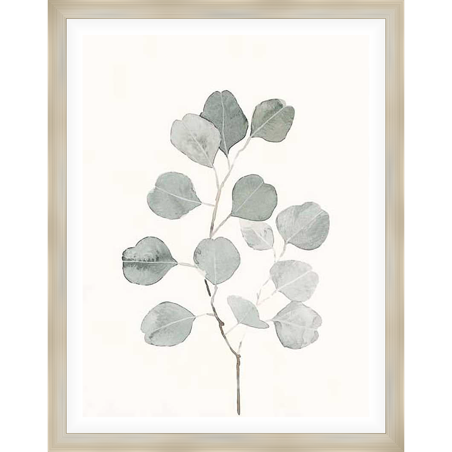 This watercolor artwork features a delicate eucalyptus branch with soft, muted green leaves. The minimalist design and neutral tones bring a touch of natural elegance to any space.
