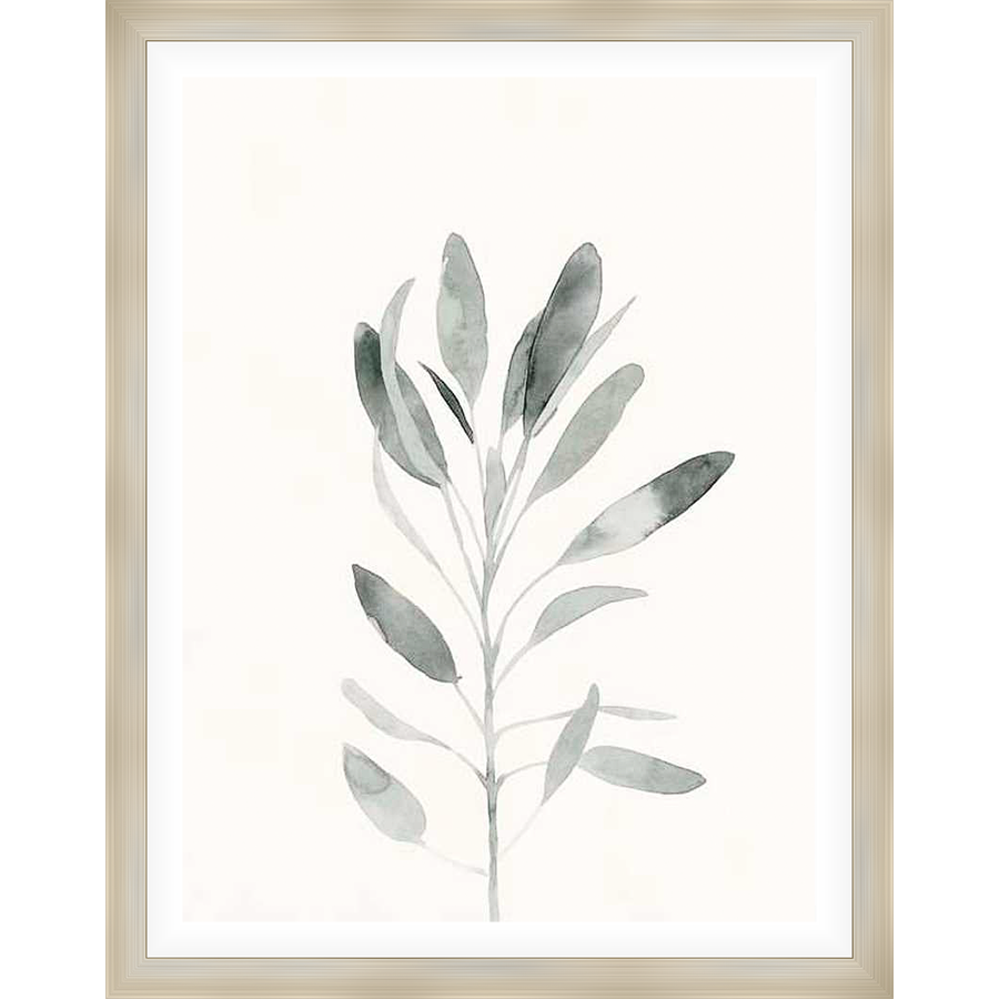 A delicate watercolor painting depicts a stylized plant with long, graceful leaves. Soft washes of color create a tranquil and minimalist aesthetic, perfect for adding a touch of nature-inspired elegance to any space.