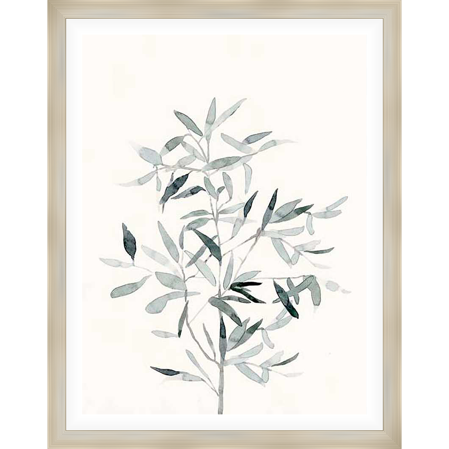 This delicate watercolor artwork features a stylized botanical arrangement of slender leaves and stems. The minimalist design and muted color palette evokes a sense of calm and serenity, perfect for adding a touch of natural elegance to any space.