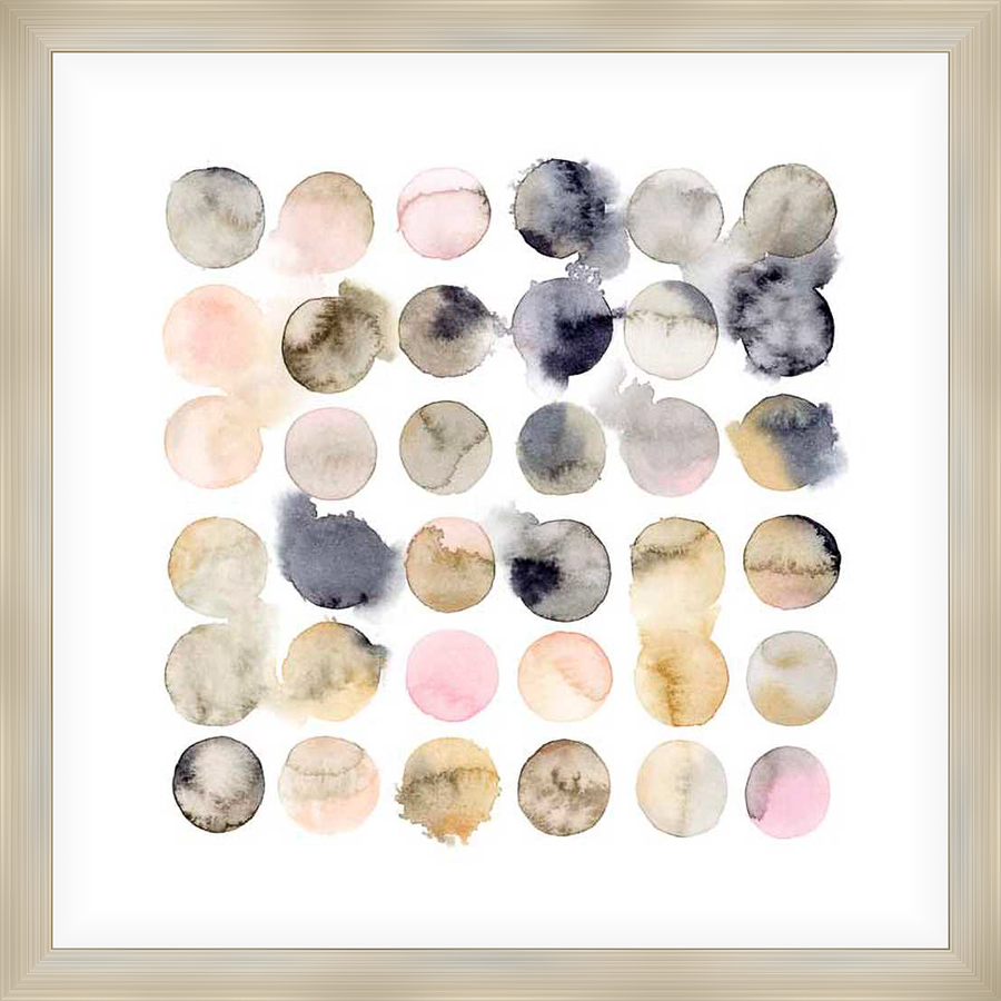 A modern watercolor print features a grid of soft, overlapping circles in muted tones. The abstract design evokes a sense of calm and adds an artistic touch to any space.