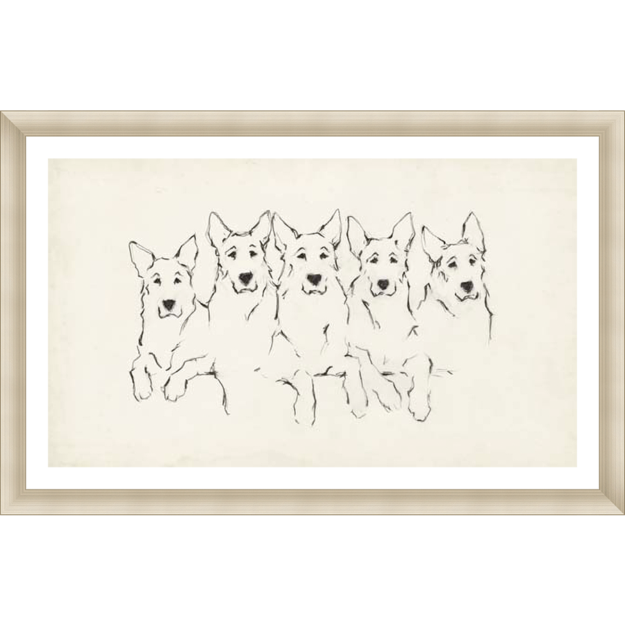 This charming art piece features a simple yet expressive sketch of five dogs, rendered in elegant black lines. The artwork evokes a sense of companionship and warmth, making it a perfect addition to any space.