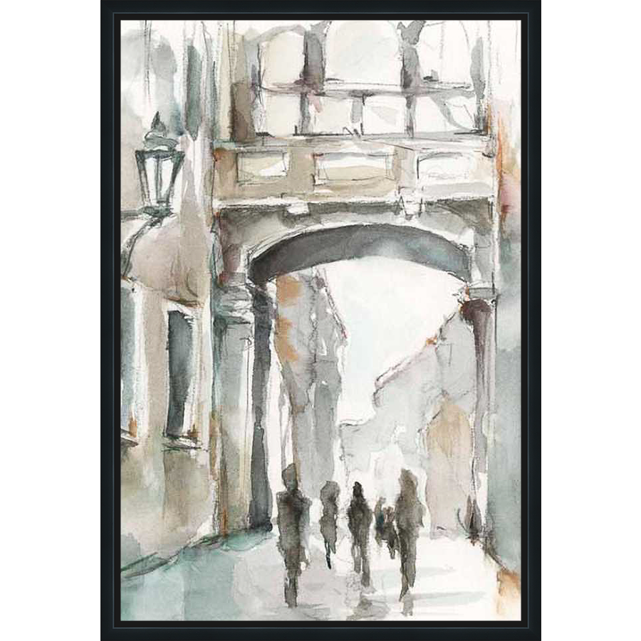 A watercolor painting of a European street scene depicts an arched passageway and figures walking in the distance. The artwork evokes a sense of peacefulness with its soft colors and loose brushstrokes.