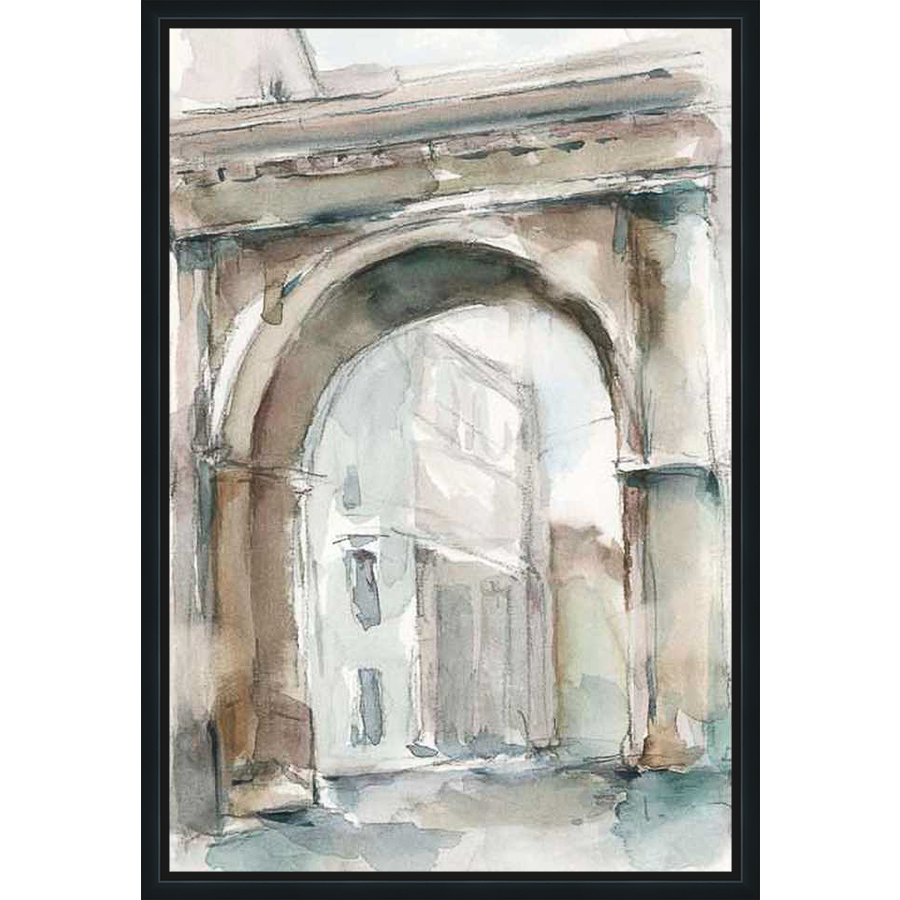 A serene watercolor painting captures an arched architectural element, offering a glimpse into a distant street scene with soft, diffused light and delicate details. This artwork evokes a sense of quiet contemplation and historical charm.