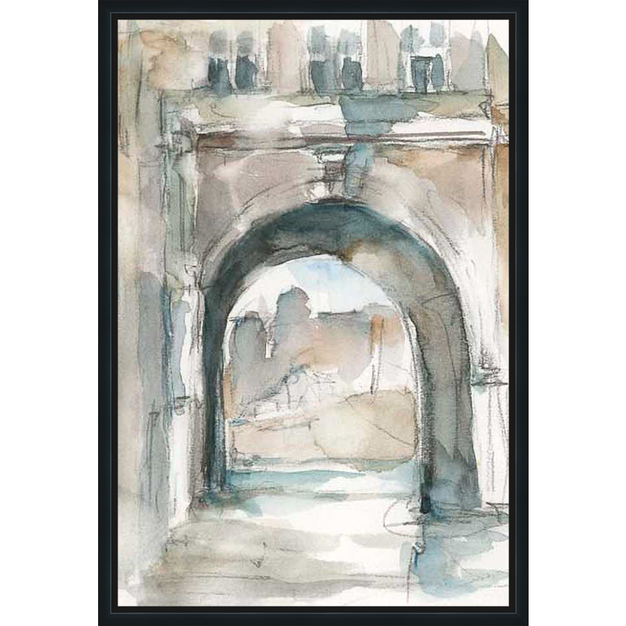 A watercolor painting captures the essence of an archway, rendered in soft hues and loose brushstrokes. The artwork evokes a sense of depth and tranquility.