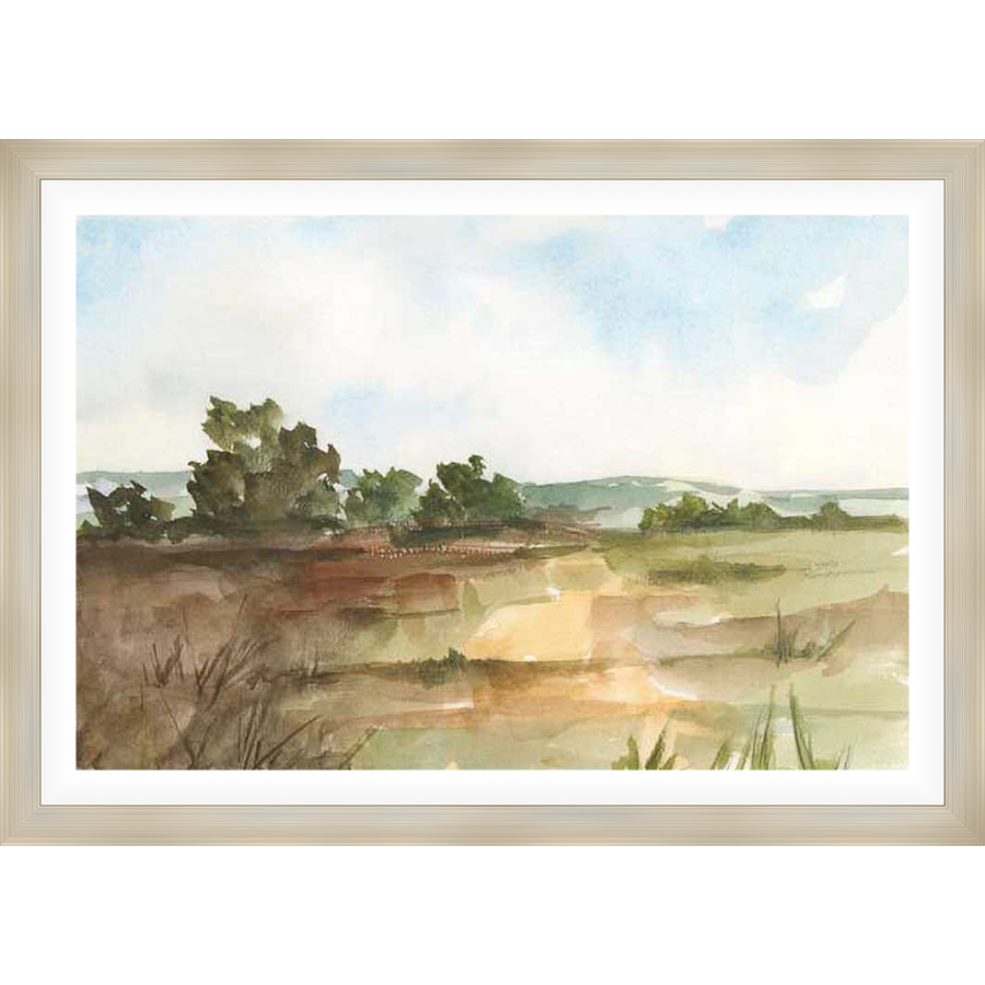 This artwork depicts a serene landscape scene rendered in soft watercolor hues. Featuring a horizon line with trees and fields, the artwork captures a sense of tranquility with its loose brushstrokes and natural color palette.