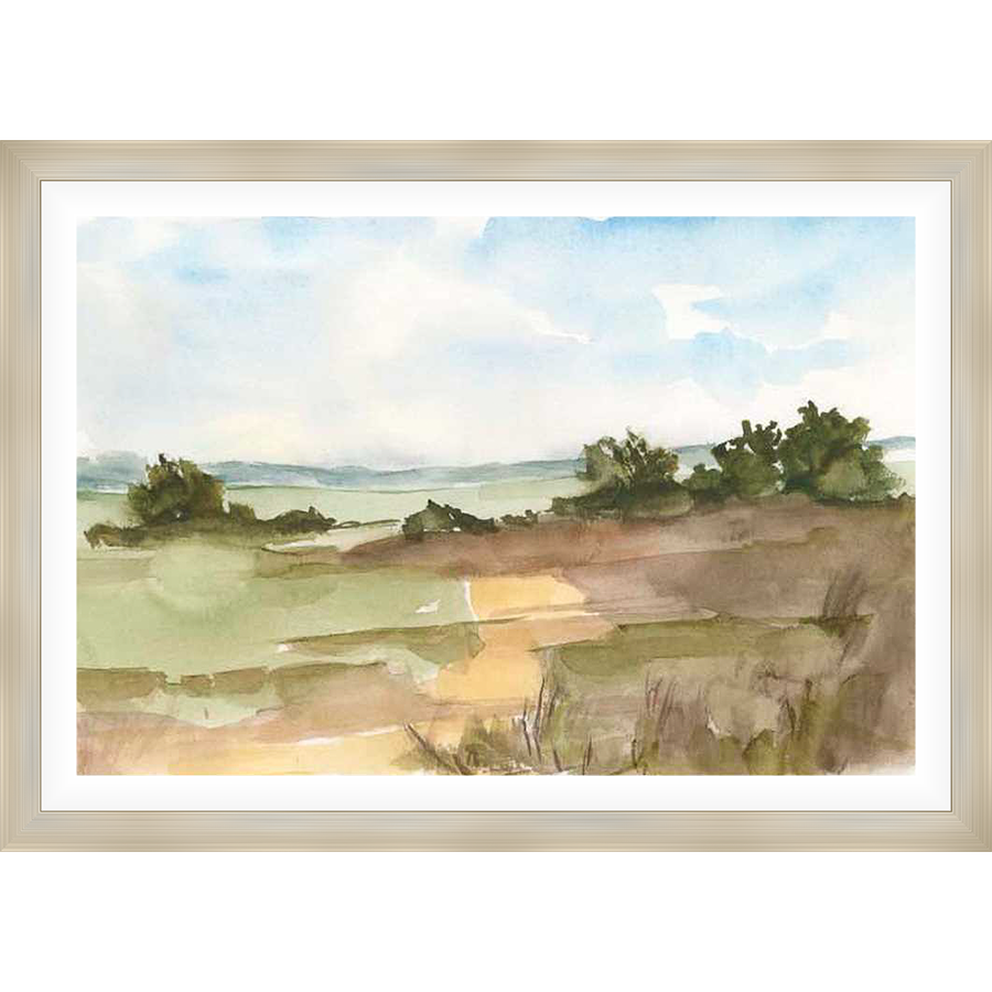 A watercolor landscape painting featuring a field under a cloudy sky, evoking a serene and natural atmosphere. The artwork uses soft brushstrokes and muted colors to create a tranquil scene, perfect for adding a touch of nature-inspired art to your home.