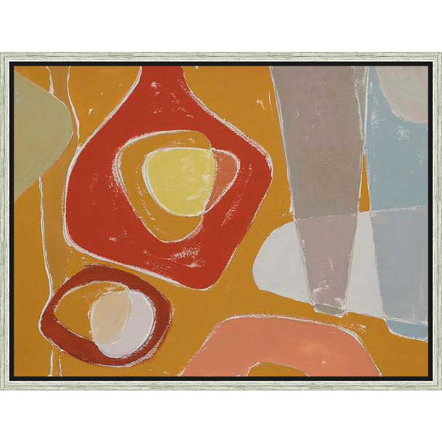 An abstract painting bursts with a vibrant color palette and playful shapes. The artwork presents a dynamic composition with bold forms and organic outlines, creating a visual symphony.