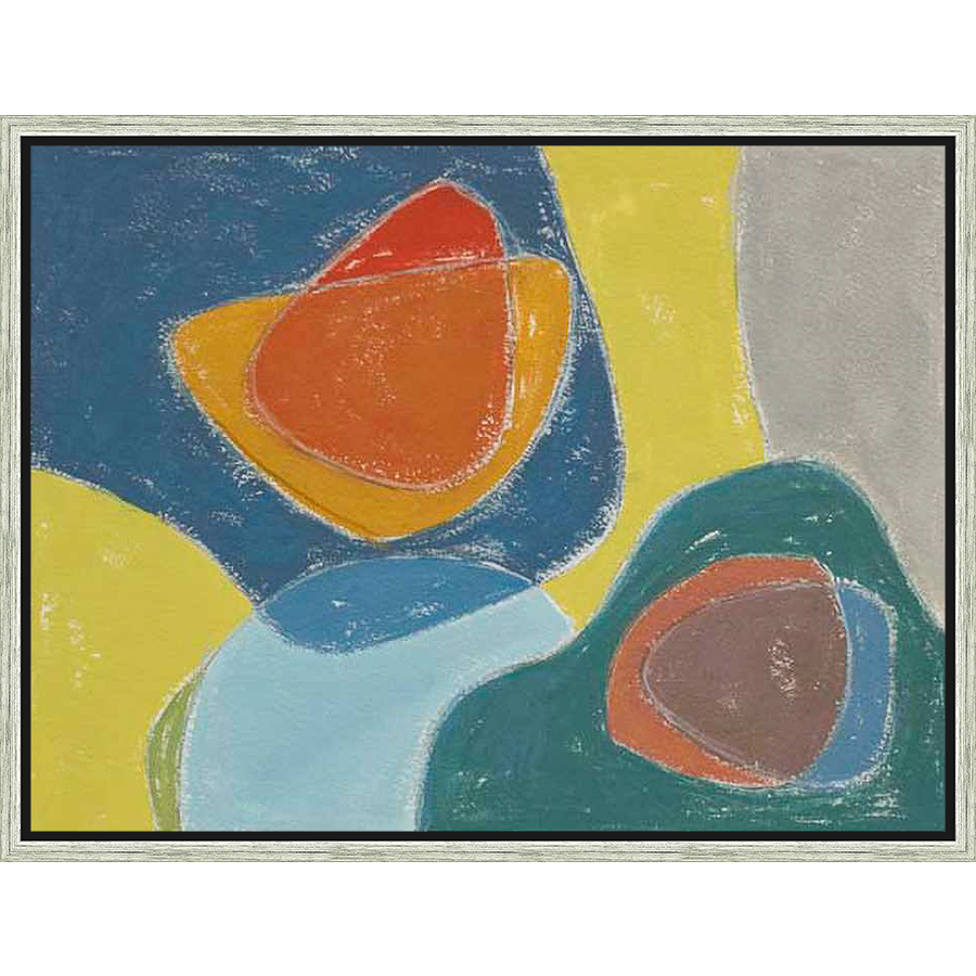 This abstract artwork features bold shapes and a vibrant color palette, creating a dynamic and eye-catching composition. The interplay of colors and forms evokes a sense of energy and visual interest, making it a striking piece for any space.