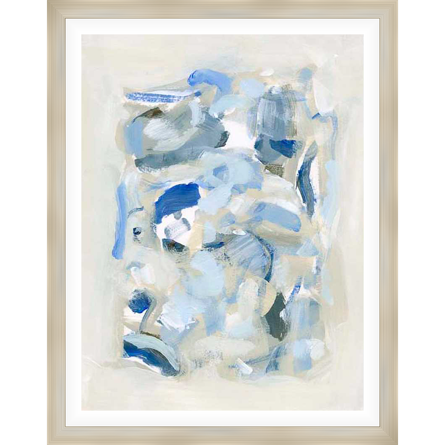 This abstract artwork features a soft palette of blues and neutral tones, creating a serene and calming ambiance. The piece utilizes bold brushstrokes and layered textures to form a visually dynamic composition, perfect for enhancing modern interior spaces.