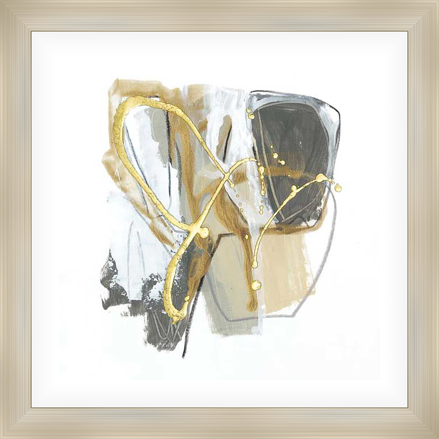 This abstract artwork features a dynamic composition of overlapping shapes and textures. The piece utilizes a sophisticated palette of neutral tones, accented with striking gold elements that add visual interest and a touch of luxury. This piece is sure to enhance any modern decor.