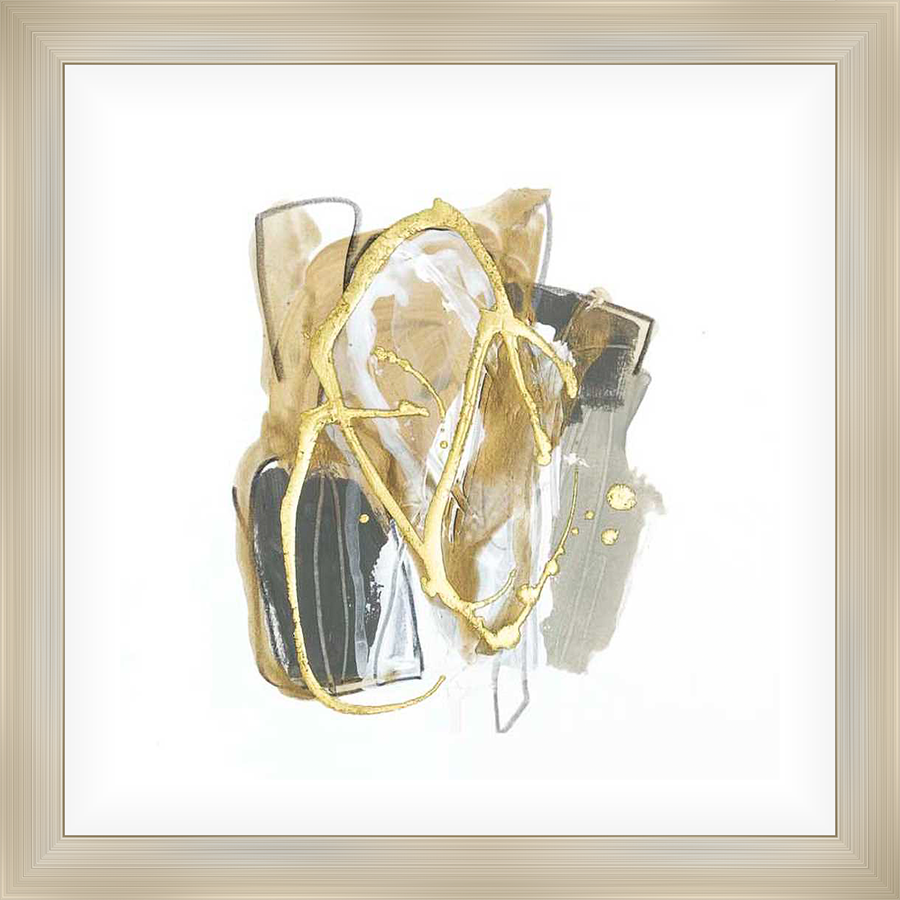 This abstract artwork features a dynamic composition of overlapping shapes and textures, blending organic forms with bold strokes of color. The interplay of layered elements and metallic accents creates a modern and captivating visual experience, perfect for adding a touch of sophistication to any space.