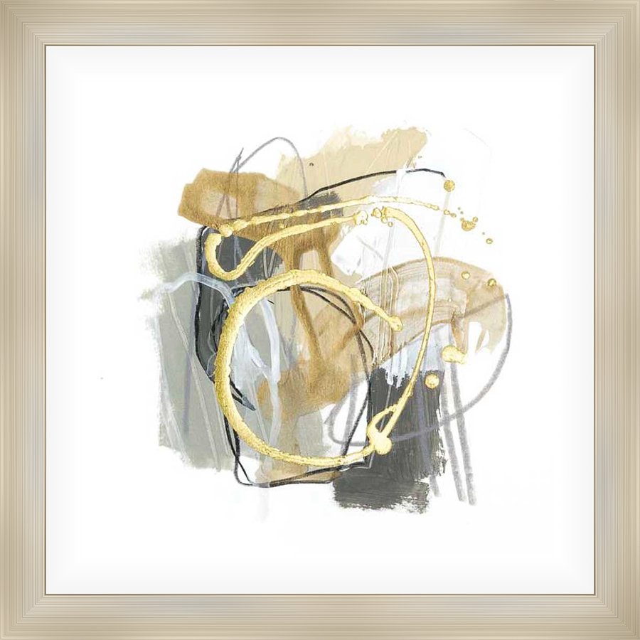 This captivating abstract artwork features dynamic brushstrokes of gold, charcoal, and neutral tones, creating an alluring blend of organic shapes and linear elements, perfect for adding modern elegance to any space.
