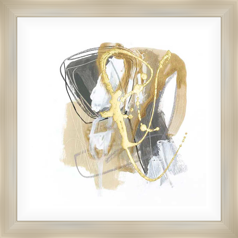 This abstract artwork showcases a dynamic composition of mixed media. Gold metallic accents are layered over swathes of color and gestural lines. This modern piece adds a touch of elegance and artistic flair to any space.