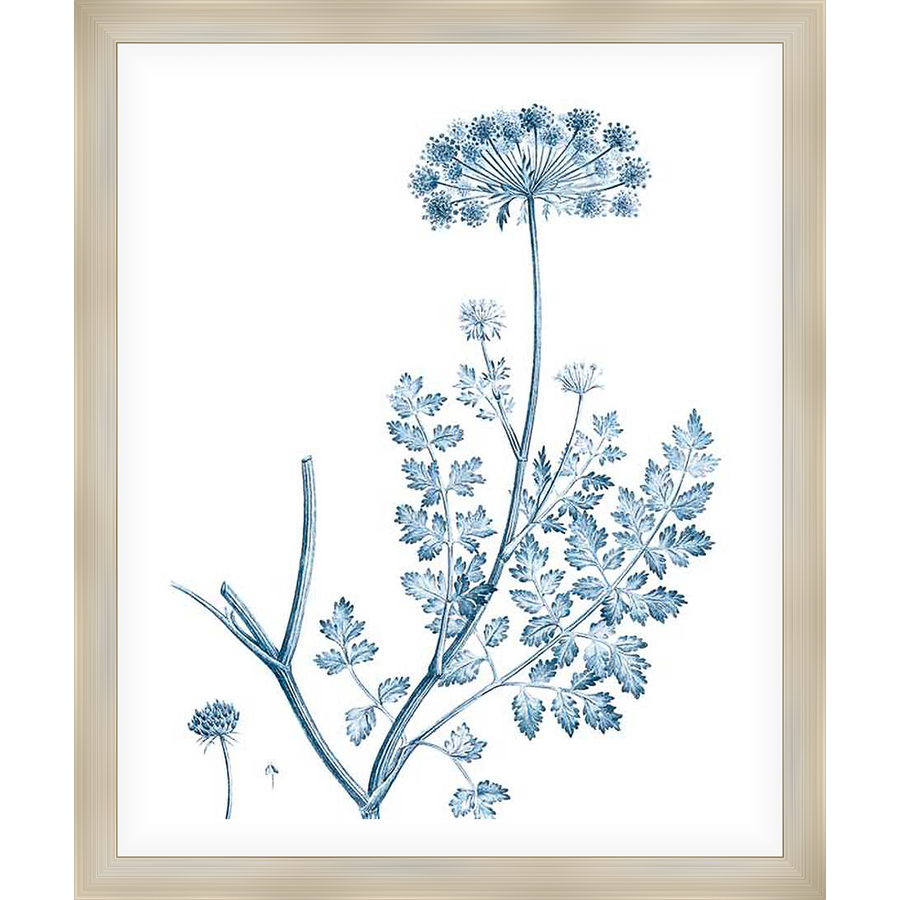 A botanical illustration of a flowering plant, rendered in a classic blue and white style. This artwork adds a touch of natural elegance to any space, bringing a serene and sophisticated vibe to your home decor.