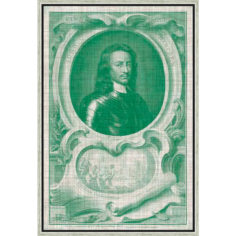 An historical portrait rendered in a unique green hue, this artwork showcases a detailed depiction of a figure in armor within an ornate, scroll-like frame. The style evokes a sense of historical depth.
