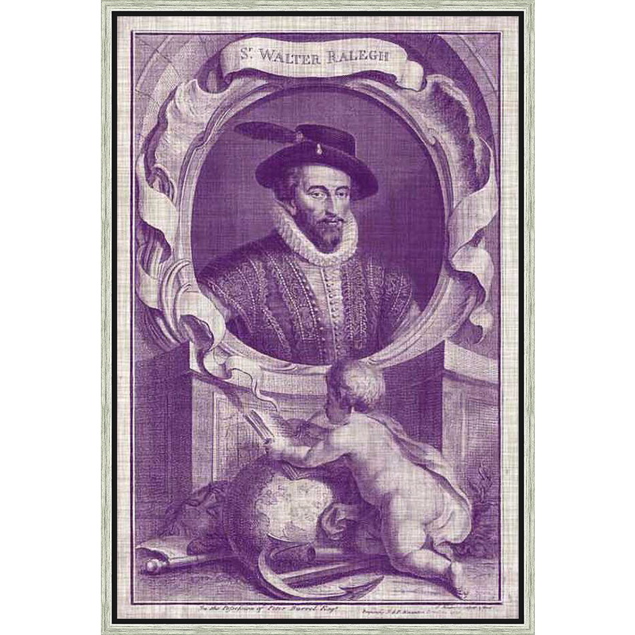 A vintage print features a portrait of Sir Walter Raleigh, along with a playful cherub-like figure interacting with a globe. The artwork is executed in a detailed, engraved style, offering a touch of historical elegance.