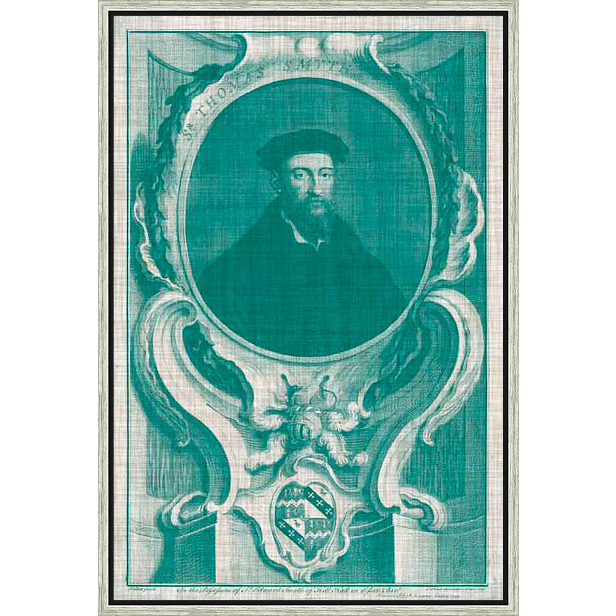 A teal and white portrait of a gentleman in a formal pose, framed by ornate scrollwork and featuring a crest at the bottom. This elegant piece would make a statement in any room.
