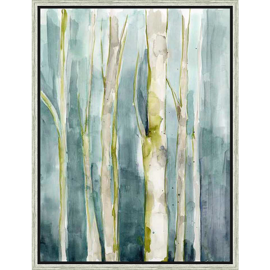 This beautiful art print captures a serene forest scene with abstracted trees and a soft, watercolor effect. The cool color palette and gentle brushstrokes create a calming atmosphere, perfect for adding a touch of nature to your home decor.
