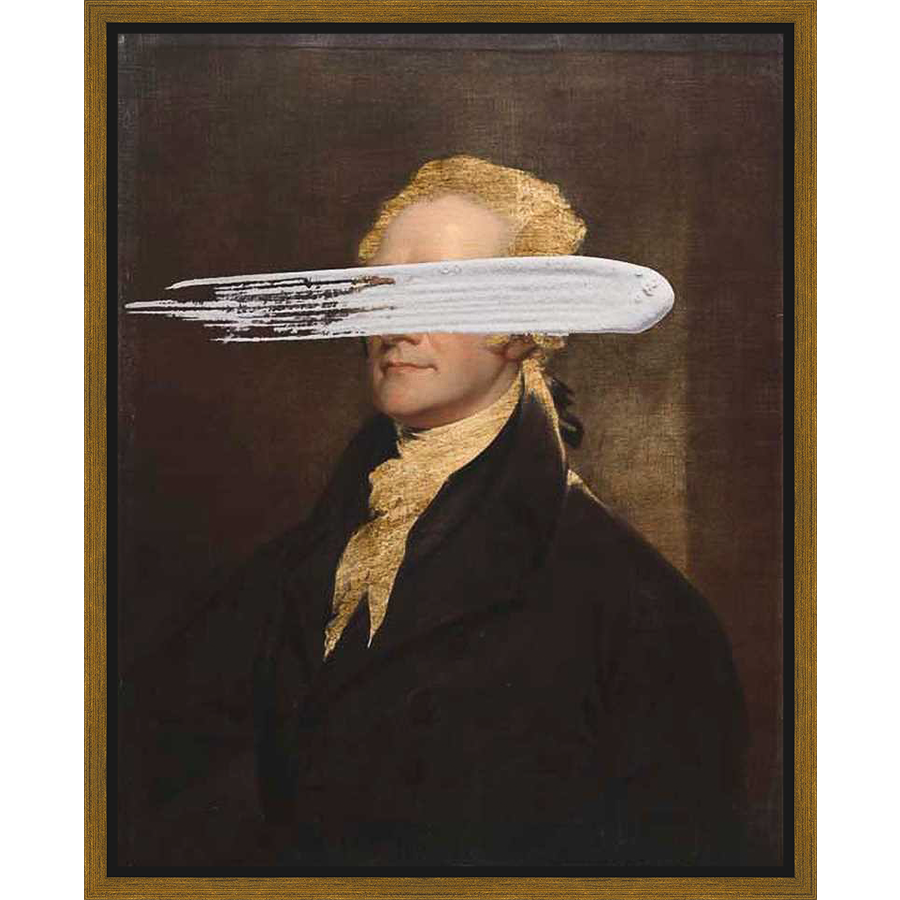 A classical portrait is reimagined with a modern, minimalist touch, featuring a figure adorned in period attire with a white brushstroke obscuring the eyes, creating a striking juxtaposition of old and new.