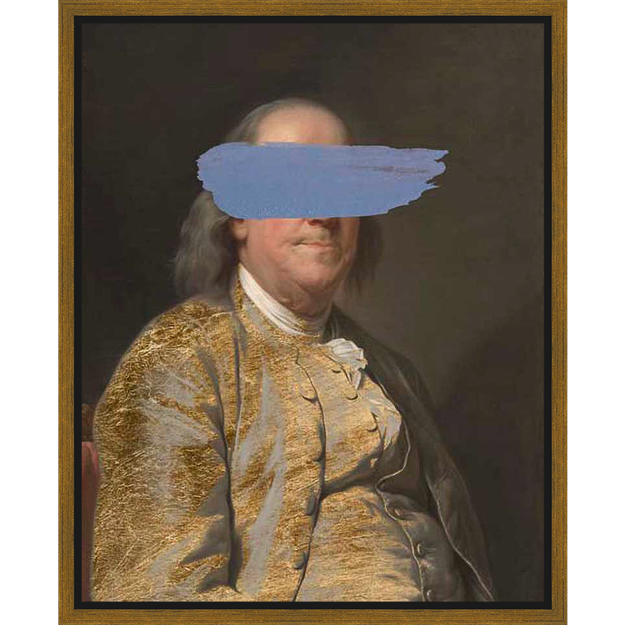 A classic portrait is disrupted with a modern paint stroke, creating a juxtaposition between the traditional and the contemporary. This artwork offers a unique blend of historical reference and modern artistic expression, perfect for adding a touch of character to any space.