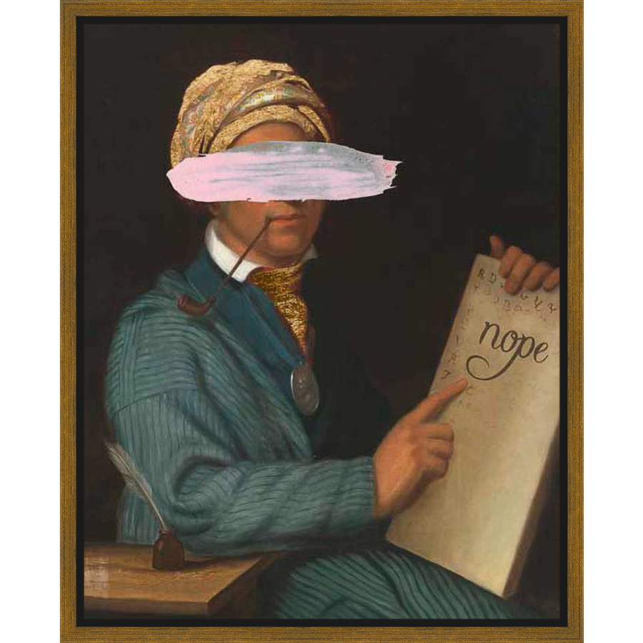 A Renaissance-era portrait reimagined with a modern twist. The artwork features a distinguished figure, obscured by a bold brushstroke, holding a notepad with a defiant word, blending classic artistry with contemporary humor. This piece offers a unique blend of history and modern art.