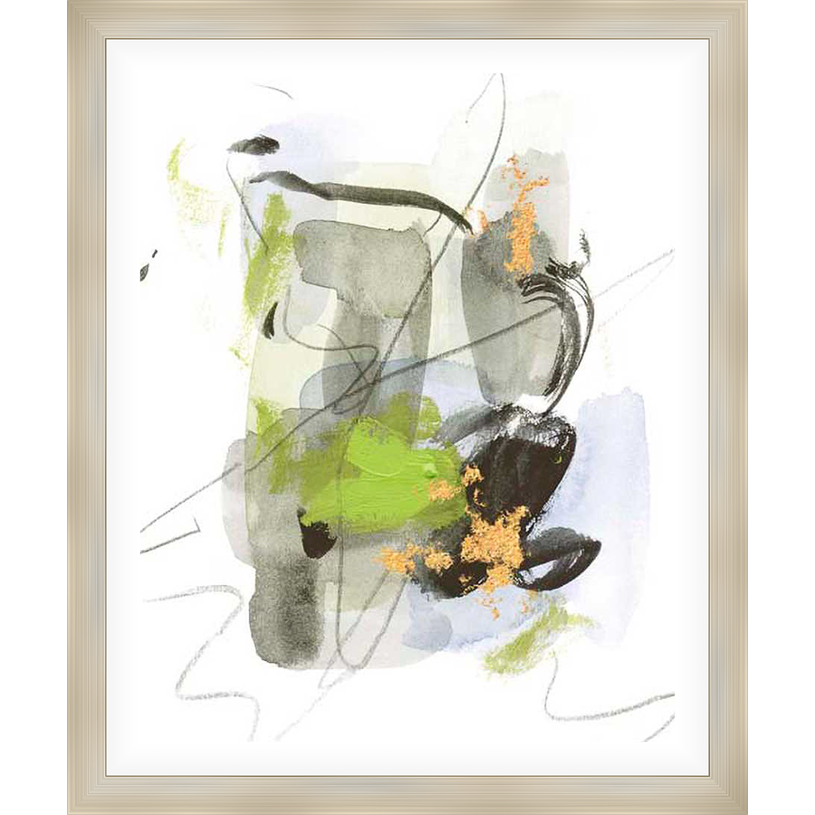 This abstract artwork showcases a dynamic interplay of brushstrokes and color washes, creating a sense of movement and depth. Fine lines and textured paint bring additional dimension.