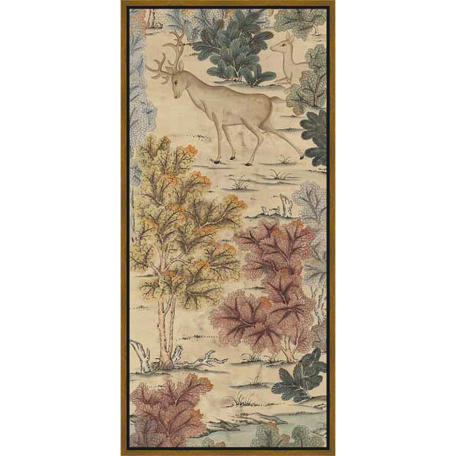 An elegant depiction of deer roaming in a vibrant forest, this artwork showcases a harmonious blend of nature and artistry. Featuring detailed trees and a serene landscape, this piece brings a touch of the outdoors to any living space.