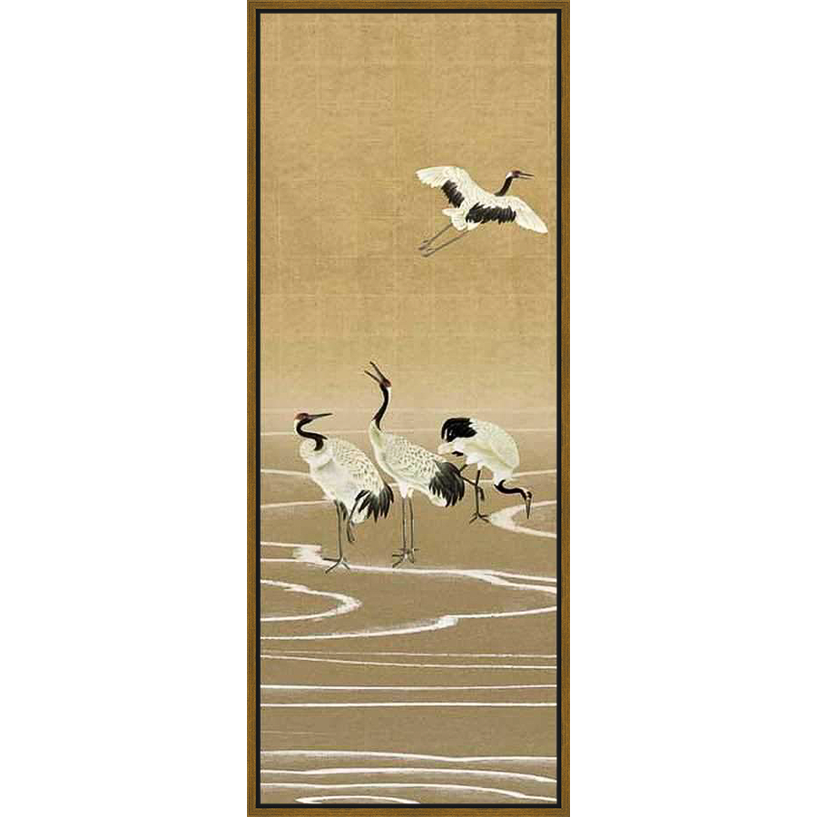 Capturing the elegance of traditional Japanese art, this artwork depicts graceful cranes in their natural habitat. Evoking a sense of tranquility, the artwork features the birds in flight and standing in a serene waterscape.