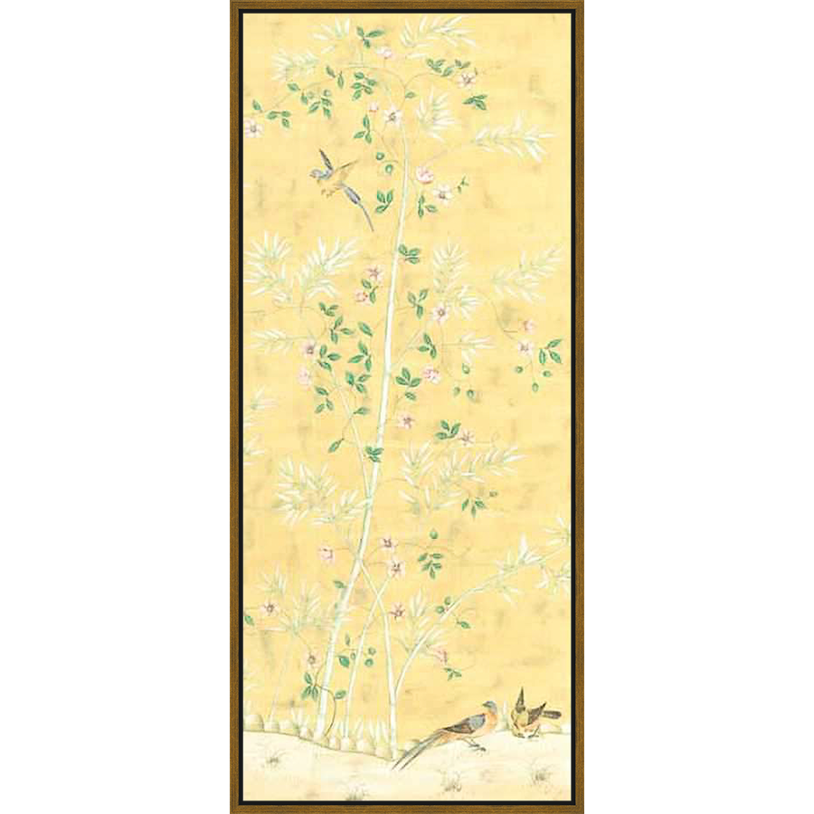 This artwork features a serene scene of bamboo with delicate blooms and birds against a warm yellow background, evoking a sense of tranquility. The birds, foliage, and bamboo create a visual harmony, perfect for adding a touch of nature and elegance to any space.