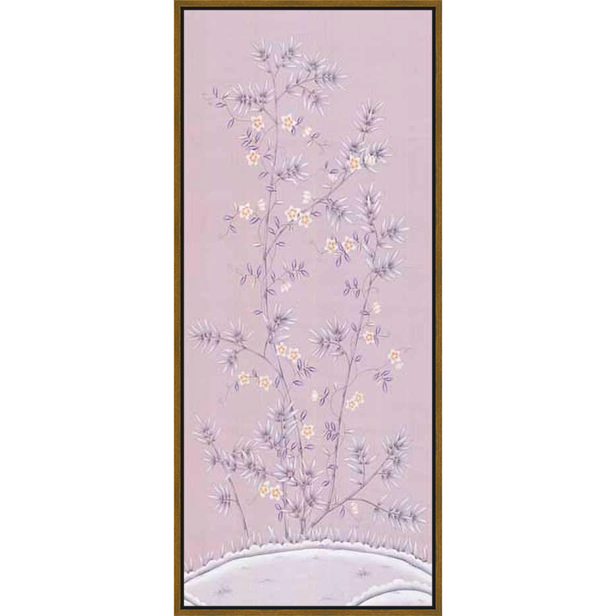 A delicate botanical artwork features stylized branches with pale, grey-green leaves and small, creamy yellow flowers, all set against a soft lilac background. The painting evokes a sense of serenity and natural beauty.