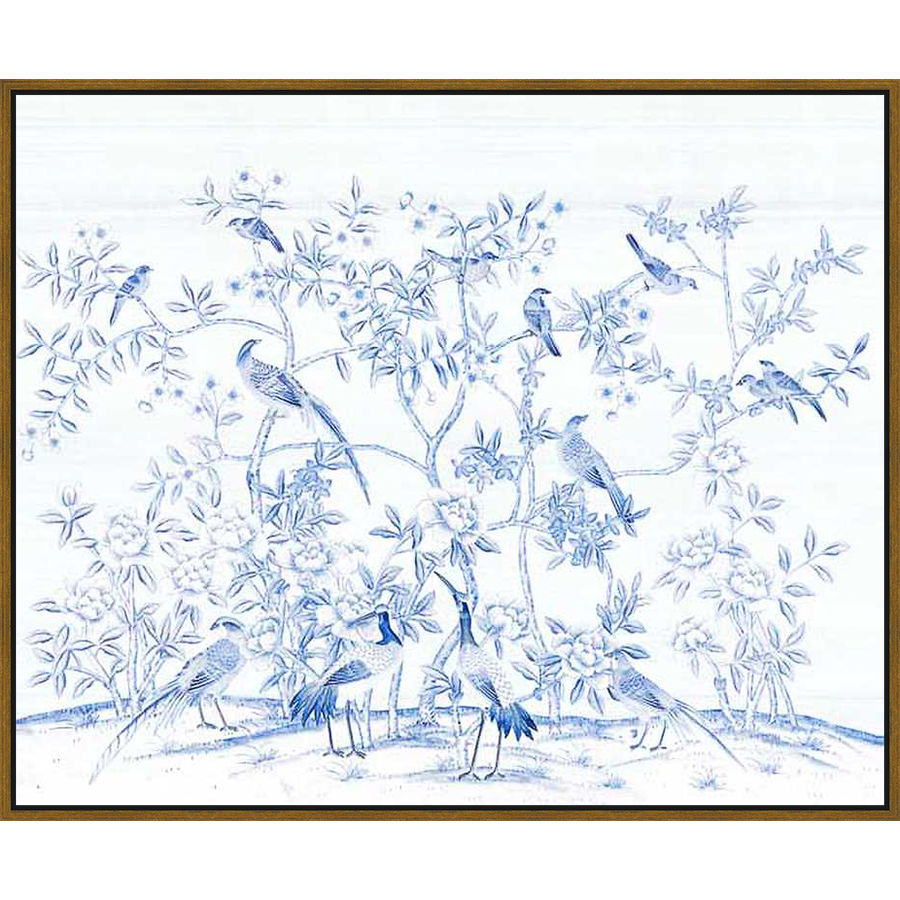 This stunning artwork depicts a serene scene of birds perched amongst flowering branches, rendered in a delicate blue and white color palette. This elegant piece adds a touch of nature and tranquility to any living space.