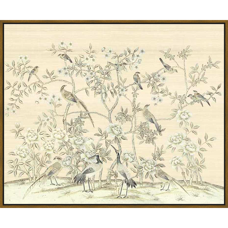 A beautiful illustration features birds perched among blossoming branches and floral arrangements. This artwork evokes a sense of tranquility and natural beauty, making it a perfect addition to any space seeking a touch of elegance and serenity.