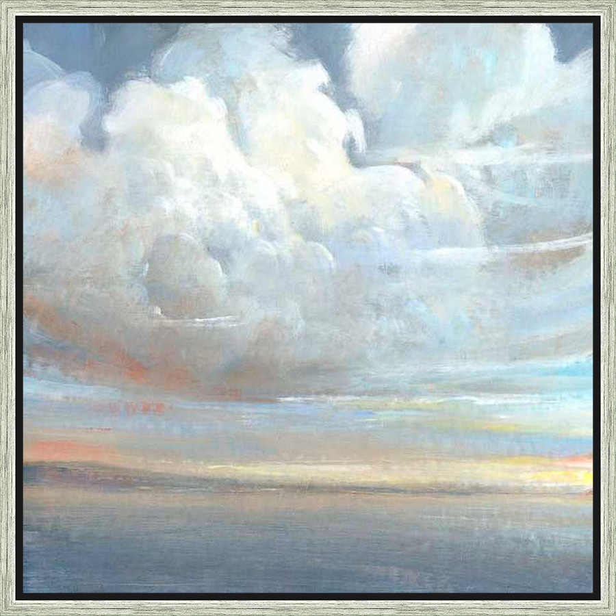 This artwork captures a serene sky filled with voluminous clouds, painted in soft, blended hues that evoke a sense of tranquility. The artwork features a gentle interplay of light and shadow, creating a peaceful atmosphere and a sense of depth, perfect for adding a touch of nature's beauty to any space.