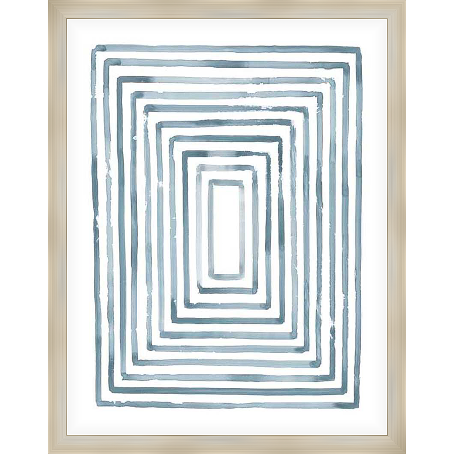 A modern abstract art piece showcasing a series of nested rectangles in shades of blue. This minimalist design adds a touch of sophistication to any space.