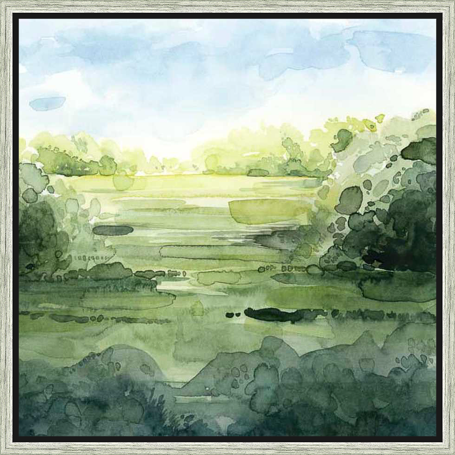 A tranquil watercolor landscape depicting a serene natural scene. This artwork evokes a sense of peace with its soft color palette and free-flowing brushstrokes. The piece captures the essence of the outdoors.