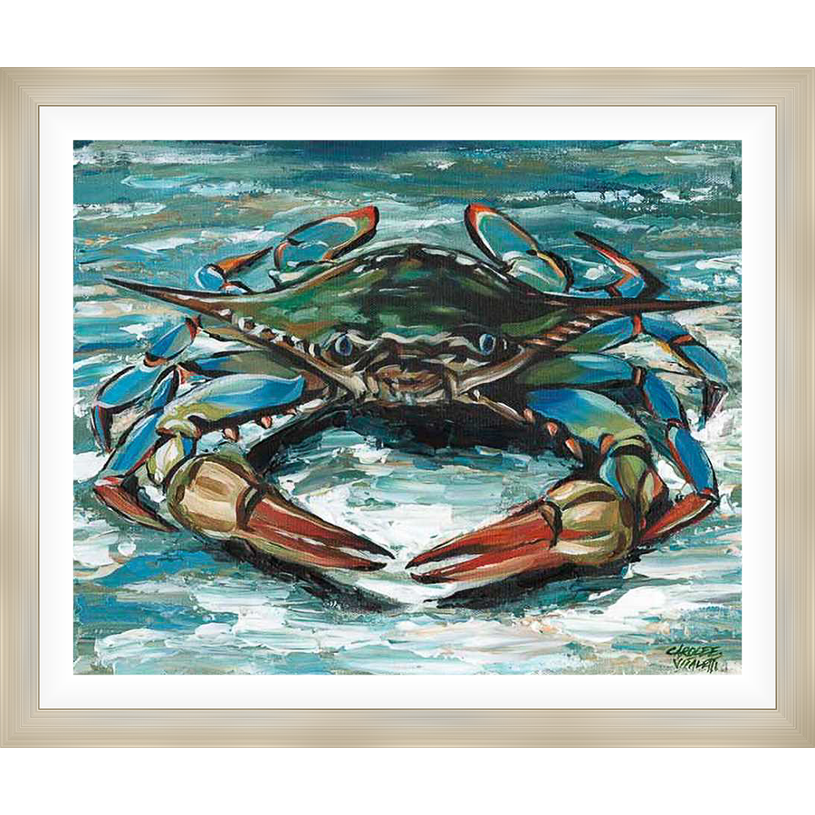 A vibrant, textured painting captures a blue crab, its form rendered in expressive brushstrokes. This artwork evokes the essence of coastal life, bringing a touch of the sea to your home.