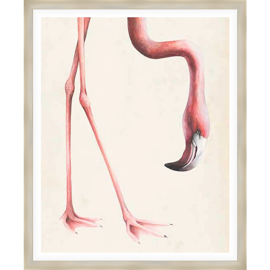 A graceful flamingo is captured in a unique, artistic pose, its long legs and elegant neck creating a sense of movement and tranquility. This watercolor artwork adds a touch of nature-inspired beauty to any space.