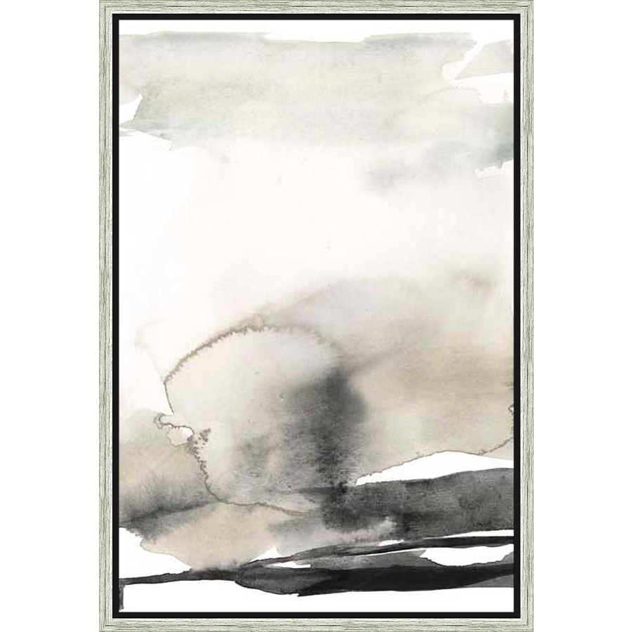 This abstract artwork features a delicate wash of watercolor, evoking a sense of calm and serenity. The piece uses a muted palette with layers of grey and black, creating a visual landscape for any room.